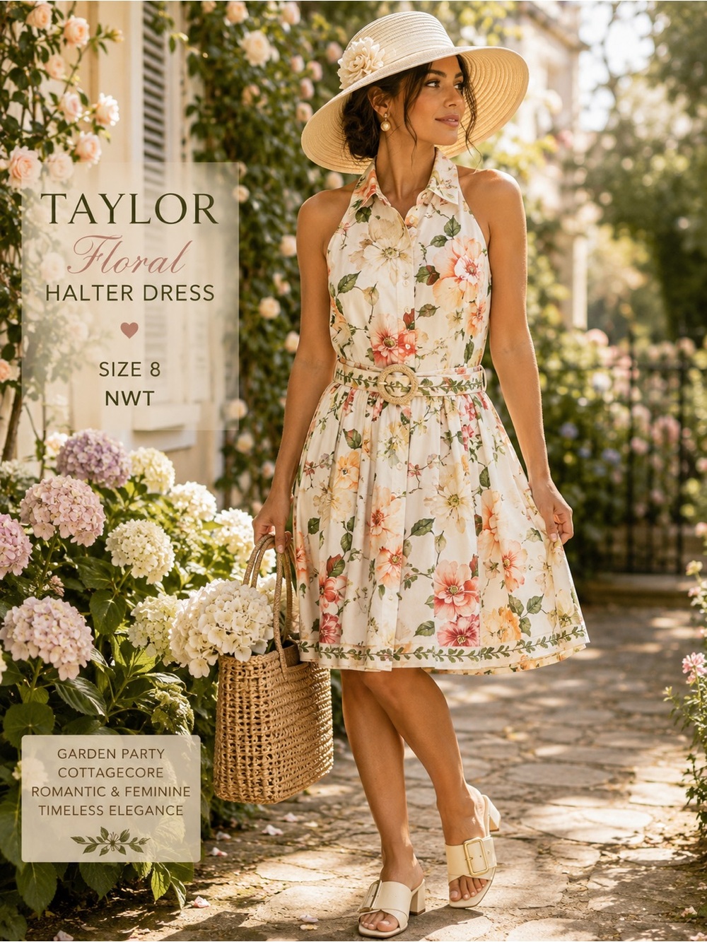 Taylor Floral Halter Dress | Cottagecore Garden Party Belted Sundress | Size 14